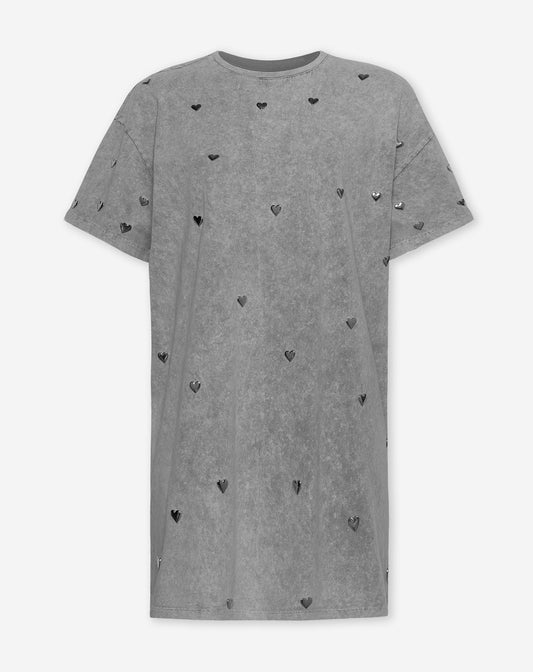 ALLOVER HEART STUD TEE DRESS ACID LICHTGRIJS
